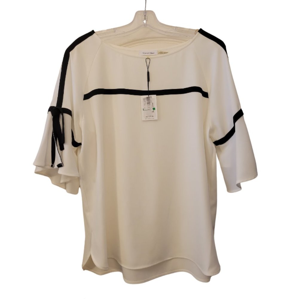 Womens Calvin Klein Blouse Ivory/White with Black trim, size Large NWT
